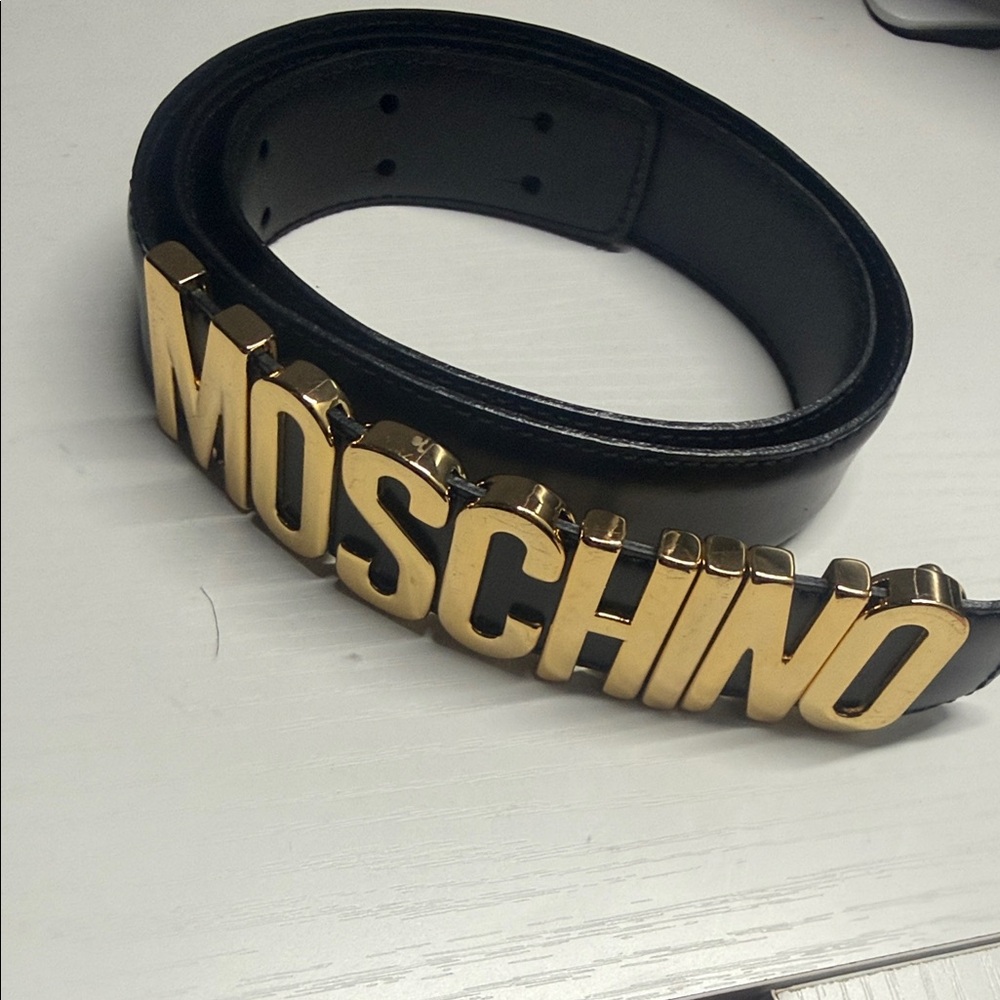 Moschino Black Leather Belt with Gold Letters